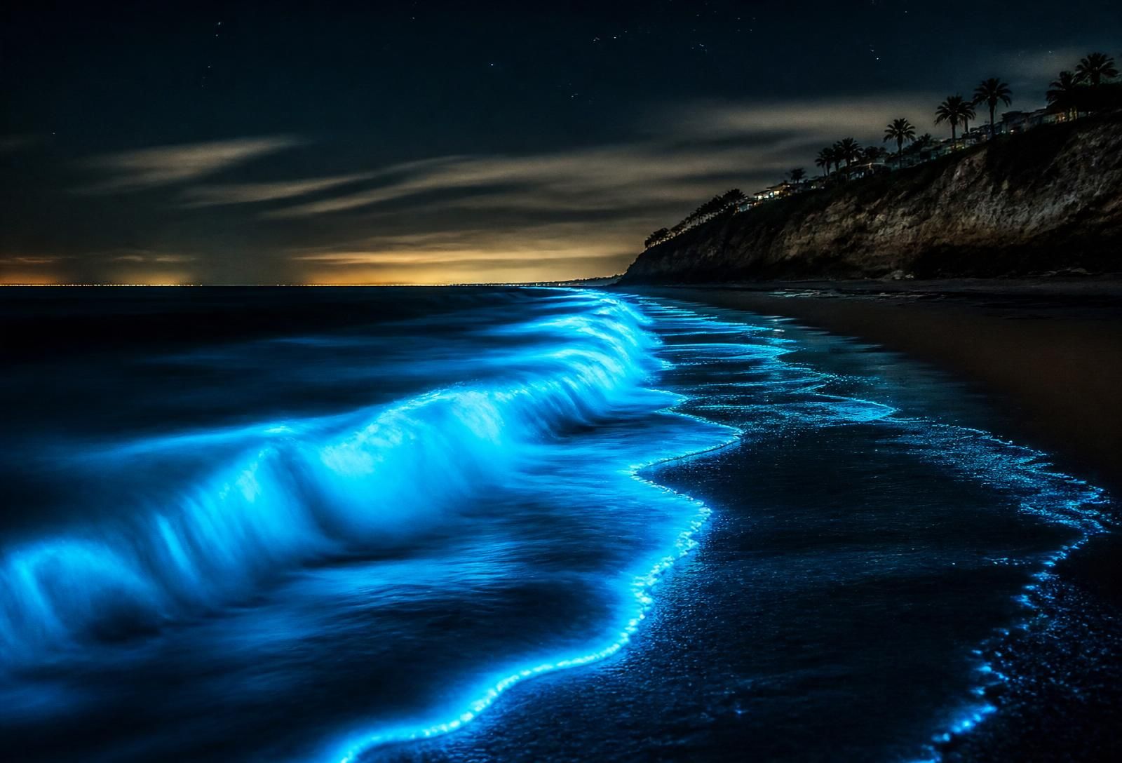 Electric-blue bioluminescent waves breaking on a dark San Diego beach at night