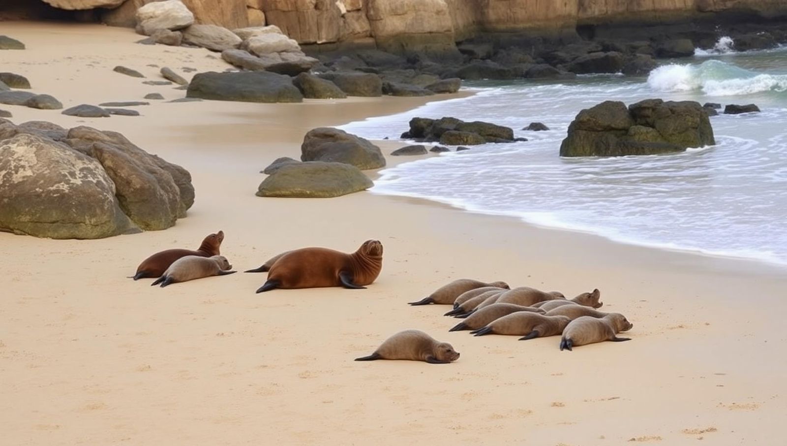Harbor seals and pups resting on the sand at Casa Beach (Children's Pool) in La Jolla